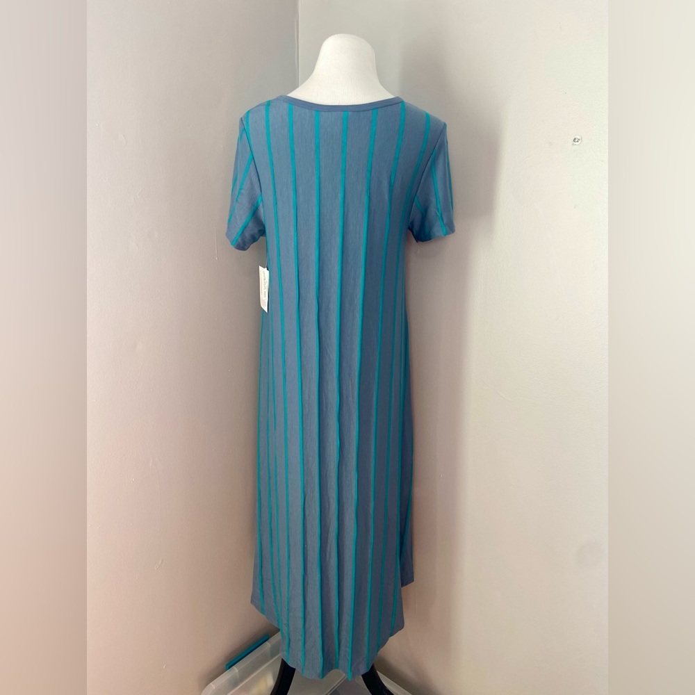 LuLaRoe Carly Dress Gray with Blue Vertical Stripes - Picture 5 of 7